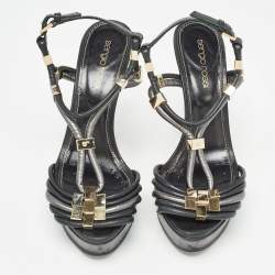 Sergio Rossi Black/Metallic Grey Leather Strappy Platform Sandals Size 36