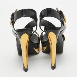 Sergio Rossi Black/Gold Leather Platform Ankle Strap Sandals Size 35.5