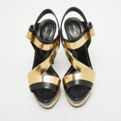 Sergio Rossi Black/Gold Leather Platform Ankle Strap Sandals Size 35.5