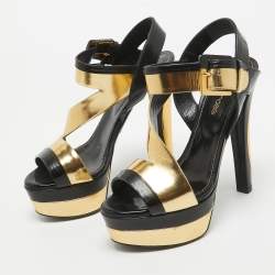 Sergio Rossi Black/Gold Leather Platform Ankle Strap Sandals Size 35.5