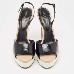 Sergio Rossi Black Patent Leather Open Toe Platform Ankle Strap Sandals Size 40.5