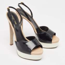 Sergio Rossi Black Patent Leather Open Toe Platform Ankle Strap Sandals Size 40.5