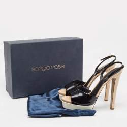 Sergio Rossi Black Patent Leather Open Toe Platform Ankle Strap Sandals Size 40.5
