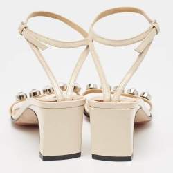 Pre Owned Sergio Rossi Cream Leather Crystal Embellished Ankle Strap Sandals Size 36