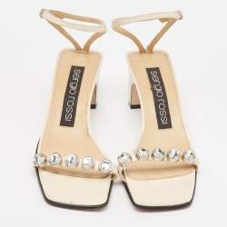 Pre Owned Sergio Rossi Cream Leather Crystal Embellished Ankle Strap Sandals Size 36