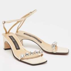 Pre Owned Sergio Rossi Cream Leather Crystal Embellished Ankle Strap Sandals Size 36