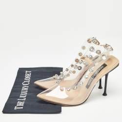 Sergio Rossi Beige/Transparent  PVC Crystal Embellished Slingback Pumps Size 38.5