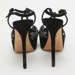 Pre Owned Sergio Rossi Black Suede Crystal Embellished Platform Ankle Strap Sandals Size 35.5