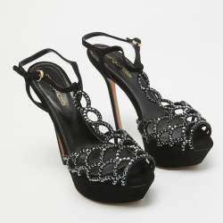 Pre Owned Sergio Rossi Black Suede Crystal Embellished Platform Ankle Strap Sandals Size 35.5