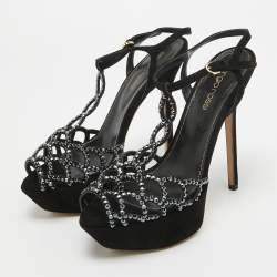 Pre Owned Sergio Rossi Black Suede Crystal Embellished Platform Ankle Strap Sandals Size 35.5