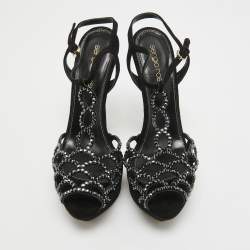 Pre Owned Sergio Rossi Black Suede Crystal Embellished Platform Ankle Strap Sandals Size 35.5
