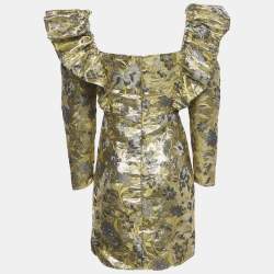 Pre Owned Sister Jane Gold/Silver Floral Pattern Jacquard Puff Sleeve Mini Dress S