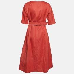 Pre Owned S'Max Mara Brick Red Cotton & Ramie Belted Button Front Dress L
