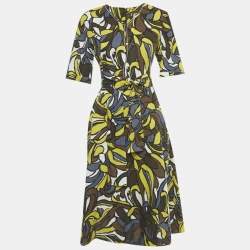 Pre Owned S'Max Mara Blue Printed Cotton Belted Long Dress XL