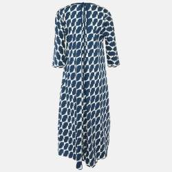 Pre Owned S'Max Mara Navy Blue Geometric Print Cotton Pleated Long Dress M