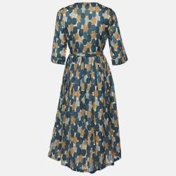 Pre Owned S'Max Mara Blue Pesche Print Cotton Belted Midi Dress M