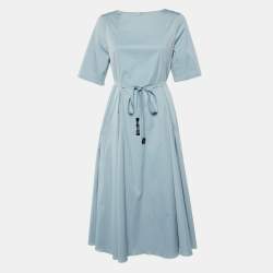 Pre Owned S'Max Mara Slate Blue Cotton Belted Midi Dress L