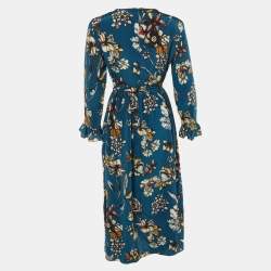 Pre Owned S' Max Mara Teal Blue Floral Print Silk Midi Dress L