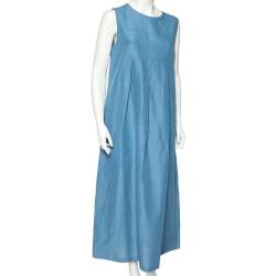 'S Max Mara Blue Cotton Pleated Detail Sleeveless Tulia Maxi Dress L