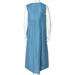 'S Max Mara Blue Cotton Pleated Detail Sleeveless Tulia Maxi Dress L