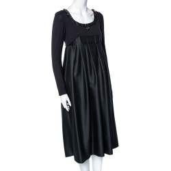 Pre Owned S'Max Mara Black Wool & Silk Embellished Neck Detail Pleated Dress M
