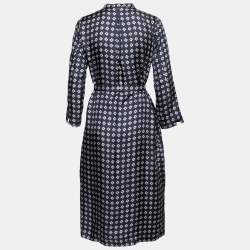 Pre Owned S'Max Mara Navy Blue Printed Silk Farea Belted Shirt Dress S