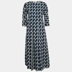 S'Max Mara Blue Geometric Print Cotton Pleated Midi Dress M