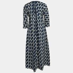 S'Max Mara Blue Geometric Print Cotton Pleated Midi Dress M