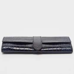 Smythson Mara Navy Blue Croc Embossed Leather Jewelry Roll