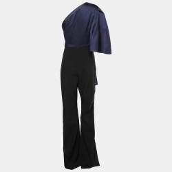 Pre Owned Solace London Blue/Black Textured Crepe One Shoulder Jumpsuit L