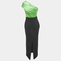 Pre Owned Solace London Green/Black Crepe One Shoulder Selia Maxi Dress M