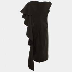 Pre Owned Solace London Black Crepe Cape Shoulder Ruffle Detail Alora Midi Dress L