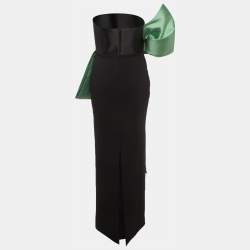 Pre Owned فستان ماكسي سولاس لندن أسود/أخضر سادة كريب بتفاصيل قوس بدون حمالات مقاس متوسط - ميديوم