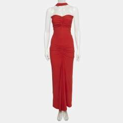 مملوكة مسبقًا فستان سولاس لندن مايسي ماكسي مجعد كريب مطاطي أحمر مقاس متوسط - ميديم