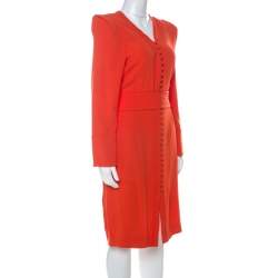 Pre Owned Sonia Rykiel Orange Crepe Button Front Power Shoulder Belted Dress L