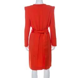 Pre Owned Sonia Rykiel Orange Crepe Button Front Power Shoulder Belted Dress L