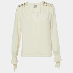 Sonia by Sonia Rykiel Cream Crepe Embellished V-Neck Top M
