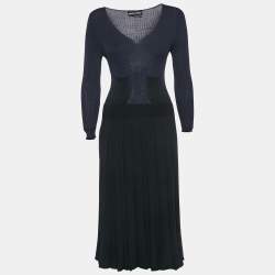Pre Owned Sonia Rykiel Navy Blue/Black Rib Knit V-Neck Midi Dress M