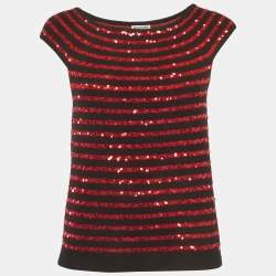 Pre Owned Sonia Rykiel Black/Red Sequin Striped Cashmere Top L