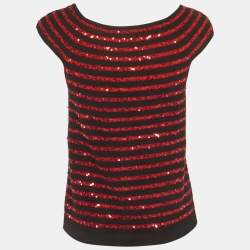 Pre Owned Sonia Rykiel Black/Red Sequin Striped Cashmere Top L