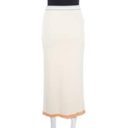 Pre Owned Sonia Rykiel Cream Knit Contrast Hem Detail Midi Skirt S