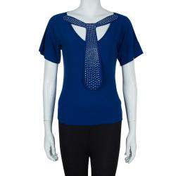 Pre Owned Sonia Rykiel Blue Knit Short Sleeve Embellished Tie Detail Top S