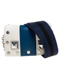 Pre Owned Sonia Rykiel White/Blue Leather Studded Flap Crossbody Bag