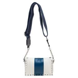 Pre Owned Sonia Rykiel White/Blue Leather Studded Flap Crossbody Bag