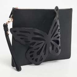 Pre Owned Sophia Webster Black Leather Butterfly Wristlet Clutch