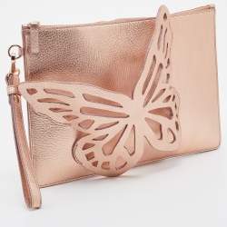 Pre Owned Sophia Webster Metallic Rosegold Leather Butterfly Wristlet Pouch