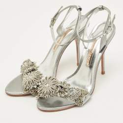 Pre Owned Sophia Webster Silver Leather Lilico Crystal Ankle Strap Sandals Size 40