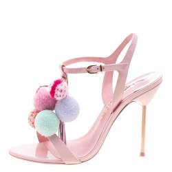 Pre Owned Sophia Webster Pink Leather Layla Pom Pom Embellished T-Strap Sandals Size 39.5