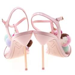 Pre Owned Sophia Webster Pink Leather Layla Pom Pom Embellished T-Strap Sandals Size 39.5