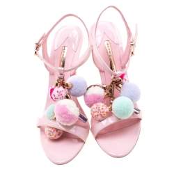 Pre Owned Sophia Webster Pink Leather Layla Pom Pom Embellished T-Strap Sandals Size 39.5